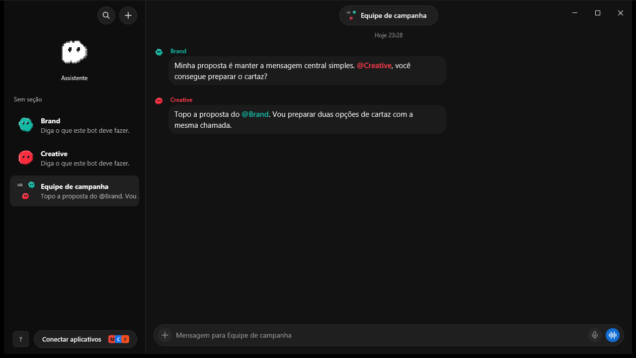 Tela do SilBot com um grupo de dois bots, Brand e Creative, conversando entre si